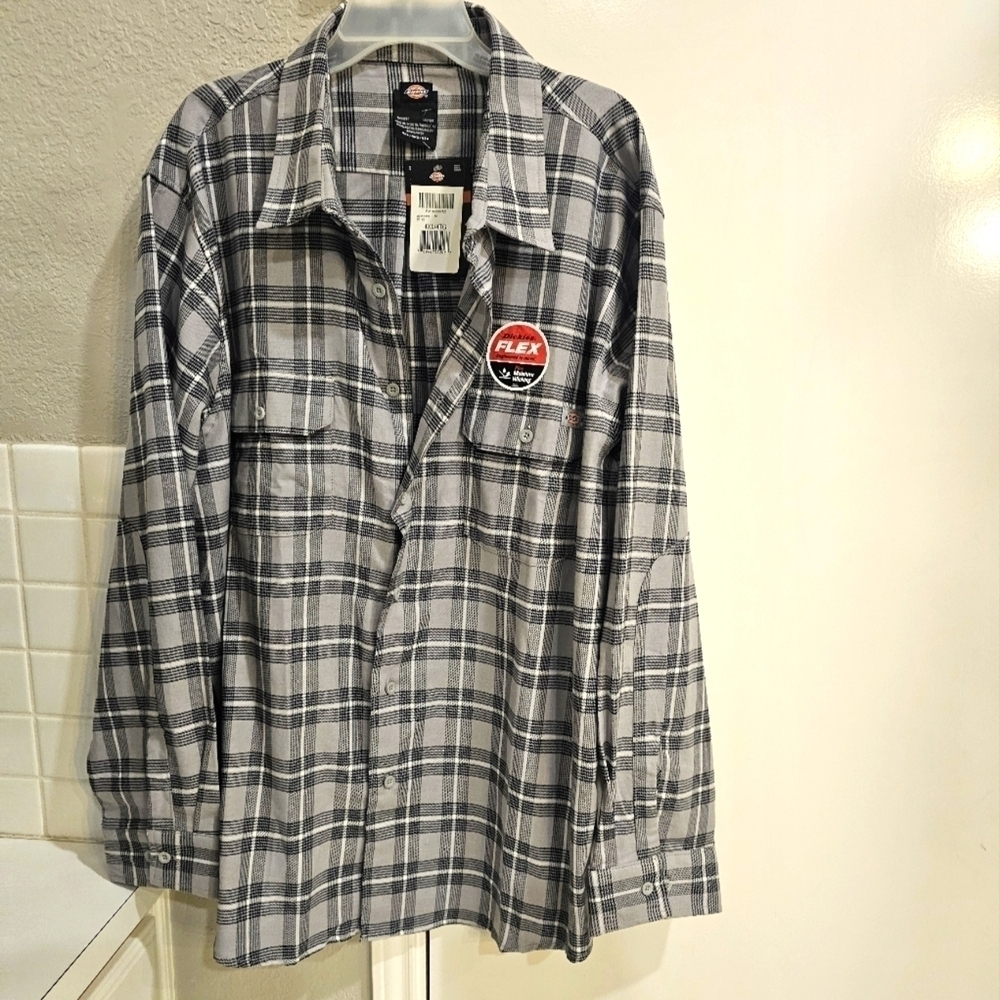 NWT Dickies Flex Moisture Wicking Long Sleeved Plaid Grey Shirt 4XL